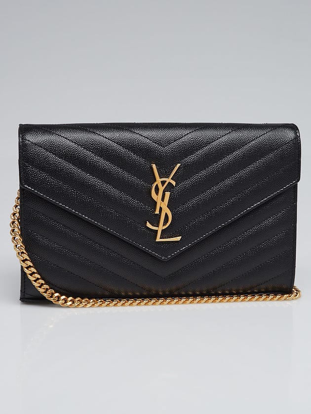 Yves Saint Laurent Black Chevron Quilted Grained Leather Metalasse Wallet on Chain Bag