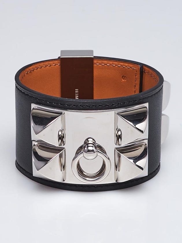 Hermes Black Swift Leather Palladium Plated Collier de Chien Bracelet Size S
