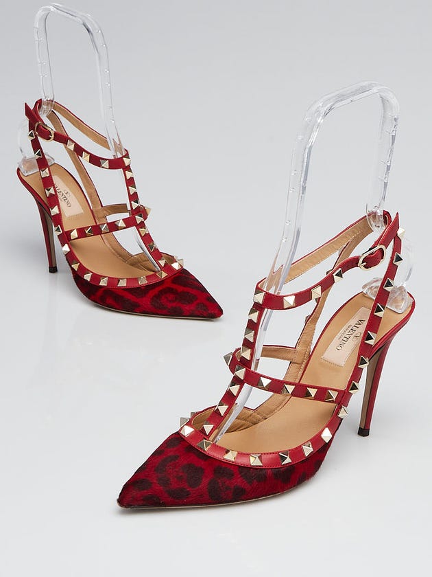 Valentino Red Leopard Print Pony Hair Rockstud Pumps Size 7.5/38