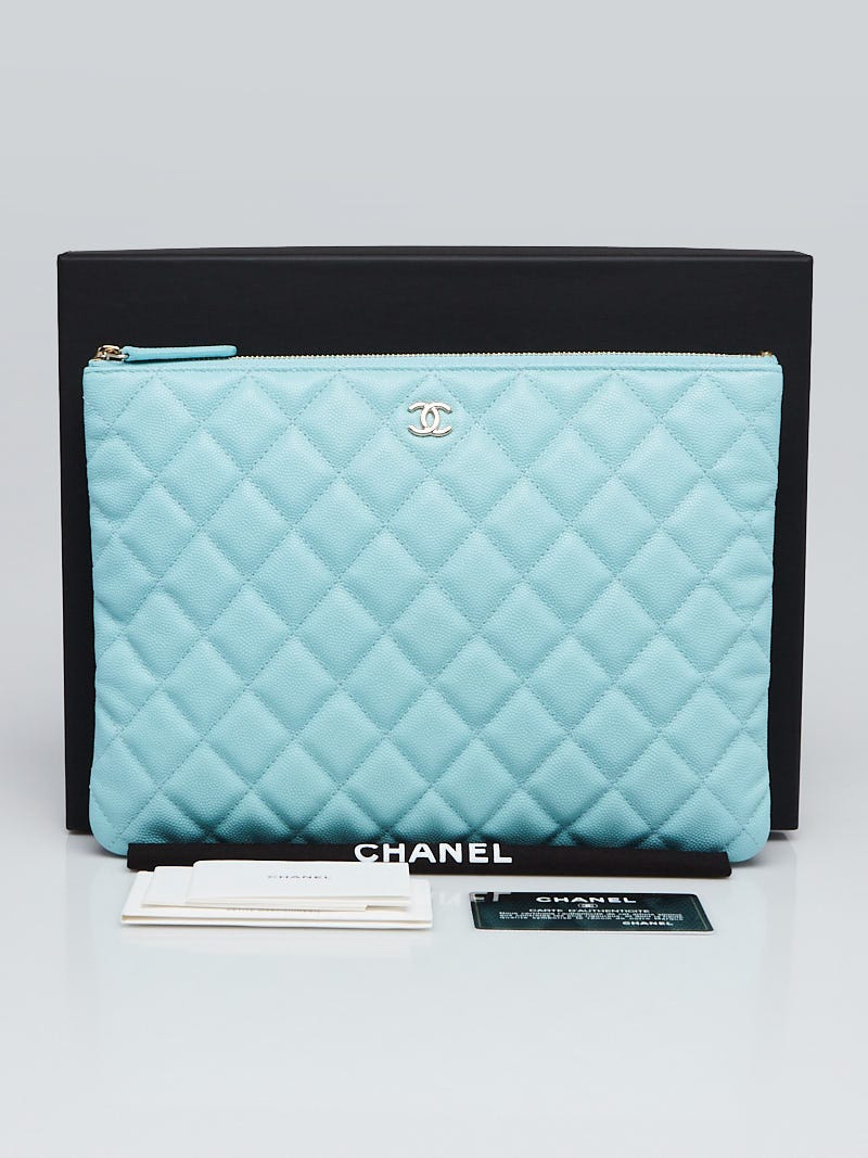 Chanel Light Blue Quilted Caviar Leather O-Case Classic Zip Pouch
