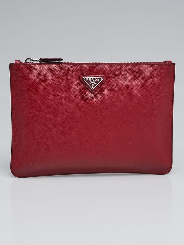 Prada Red Saffiano Leather Zip Pouch Clutch Bag
