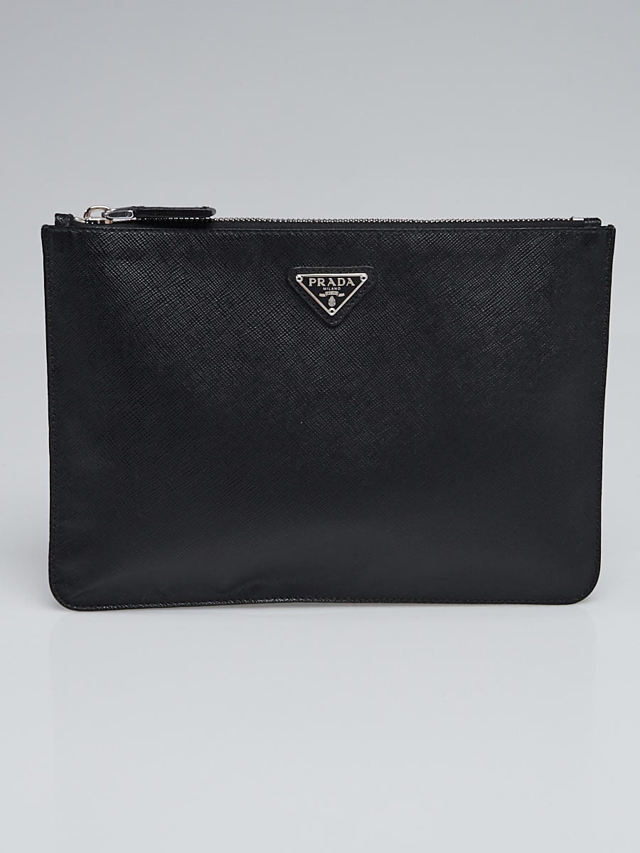 Prada Black Saffiano Leather Zip Pouch Clutch Bag | Yoogi's Closet