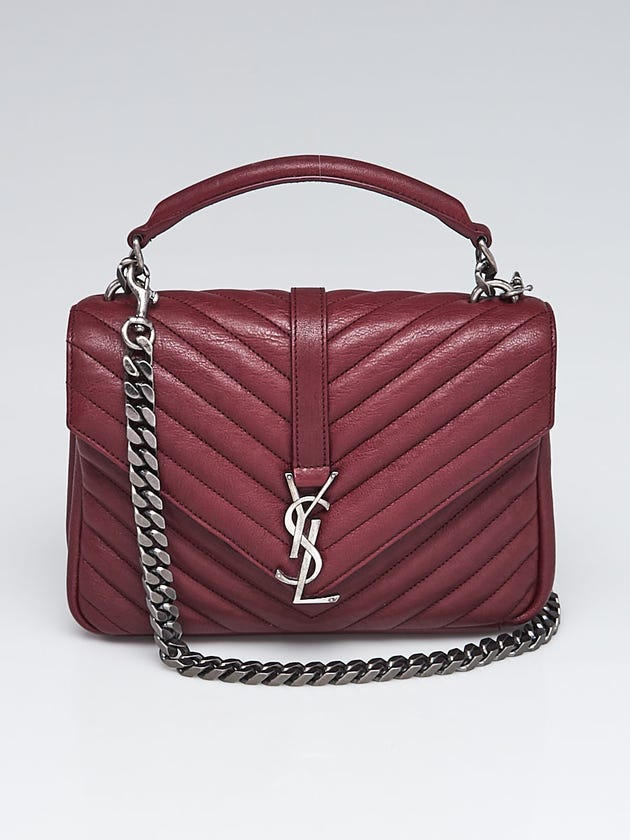 Yves Saint Laurent Burgundy Chevron Quilted Leather Monogram Medium College Bag