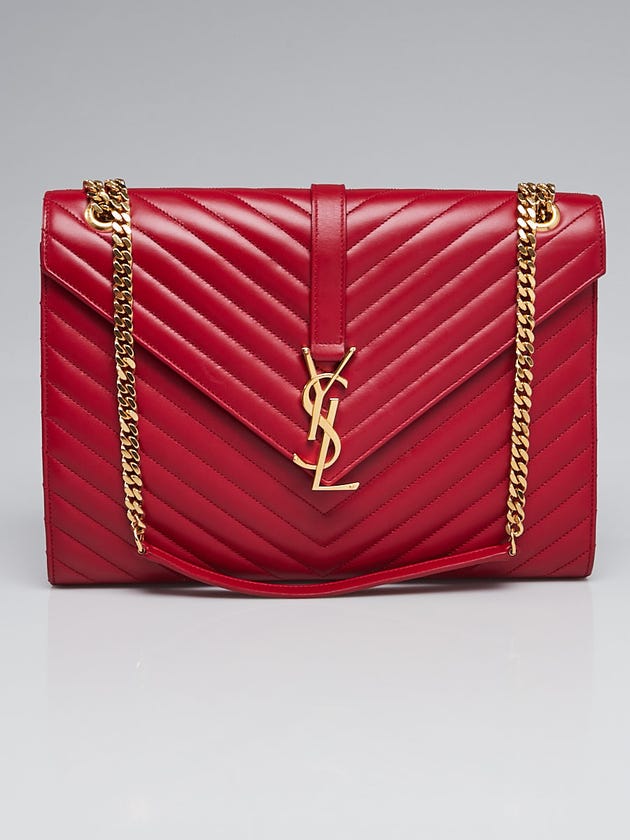 Yves Saint Laurent Rouge Chevron Quilted Leather Large Monogram Chain Cassandre Bag