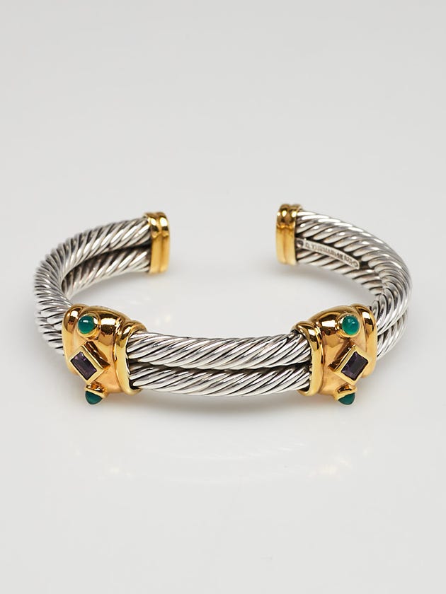 David Yurman Sterling Silver Double Cable Amethyst and Green Onyx Renaissance Bracelet