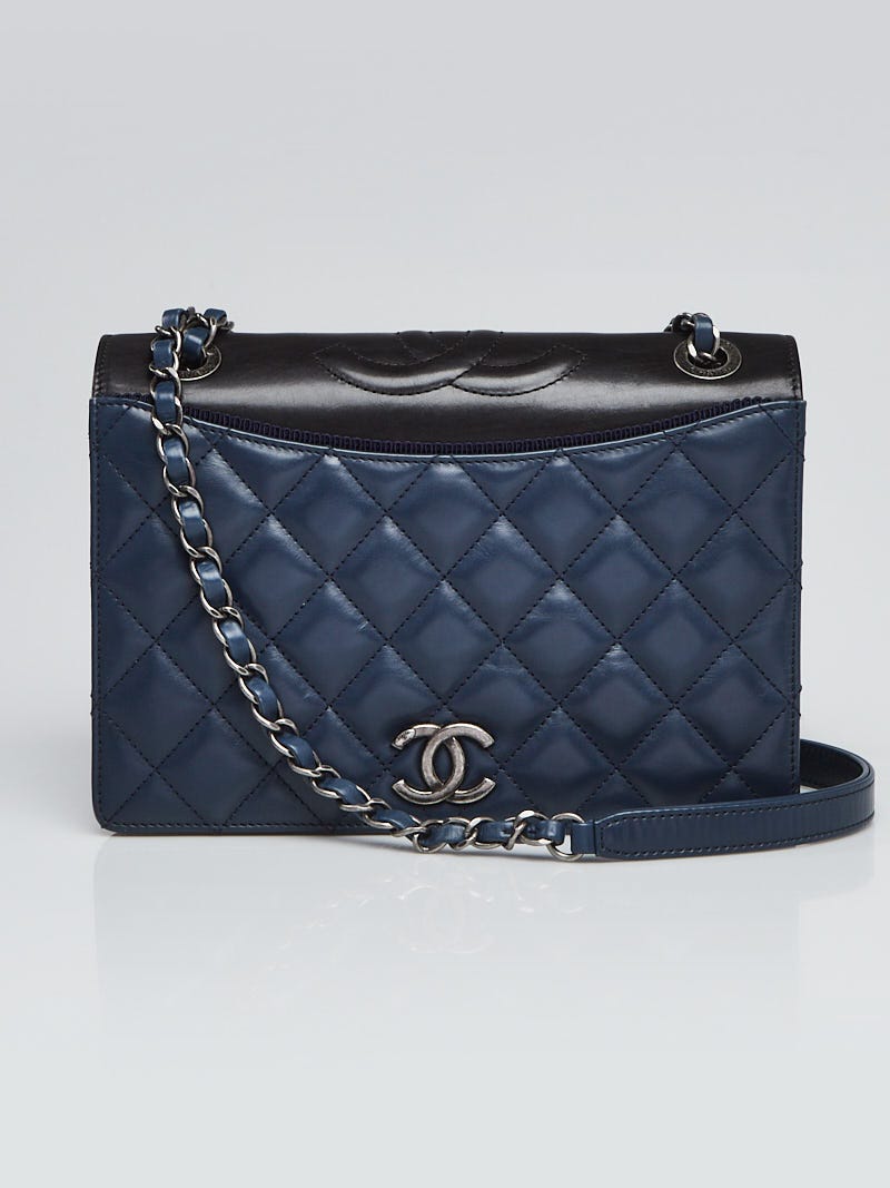Chanel Blue/Black Quilted Calfskin Leather Grosgrain Ballerina Small Flap Bag - Yoogi's Closet