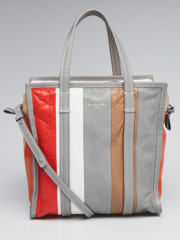 Balenciaga Grey/White/Brown/Red Arena Leather Bazar Small Shopper Tote Bag