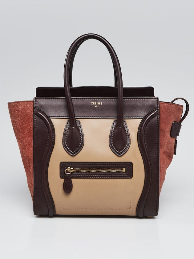 Celine Brown Tri-Color Smooth Leather and Suede Micro Luggage Tote Bag