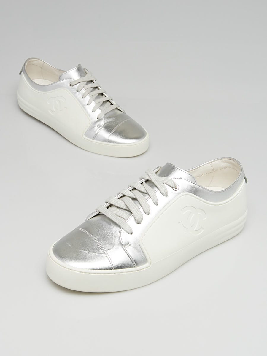 Chanel White/Silver Rubber and Leather CC Cap-Toe Sneakers Size 10/ -  Yoogi's Closet