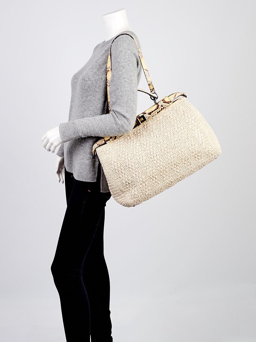 Fendi Beige Raffia and Snakeskin Large Peekaboo Satchel Bag