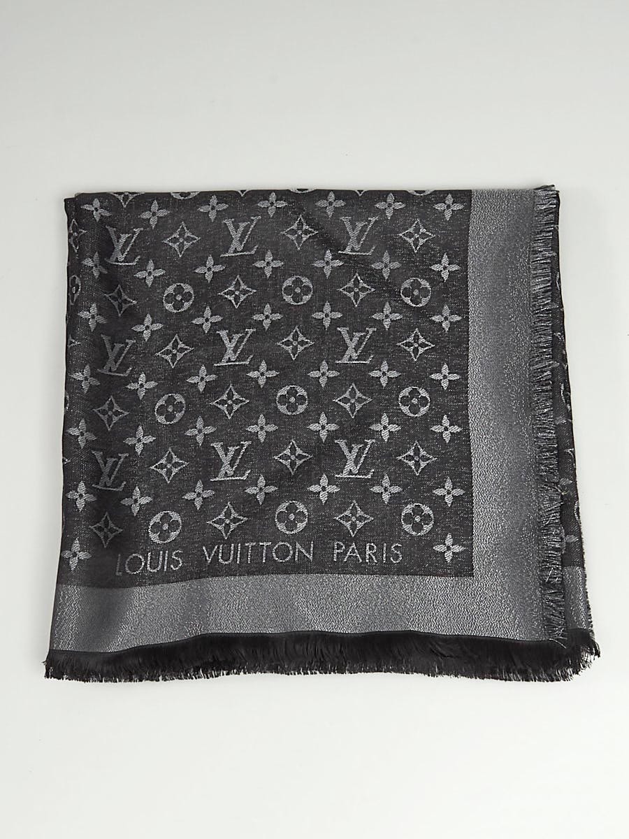 Louis Vuitton Black Monogram Wool/Silk Shine Shawl Scarf - Yoogi's Closet