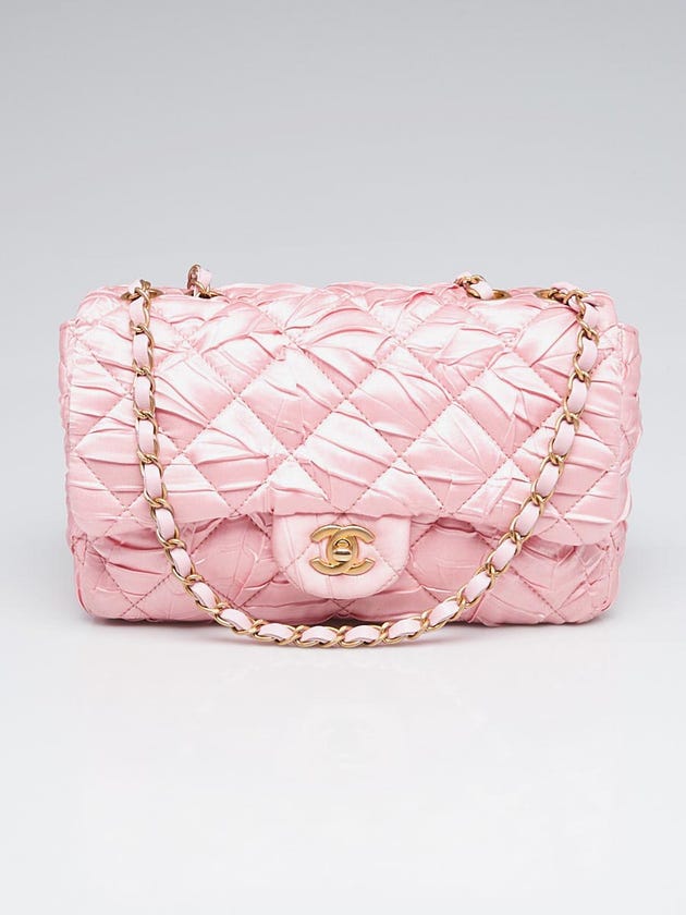 Chanel Pink Diamond Quilted Pleated Satin Medium Flap Bag