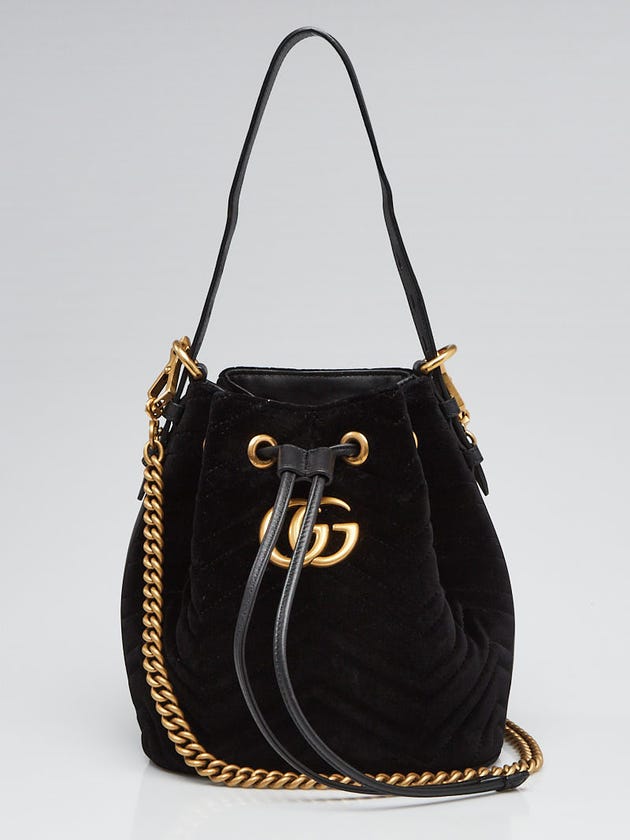 Gucci Black Chevron Quilted Velvet Marmont 2.0 Bucket Bag