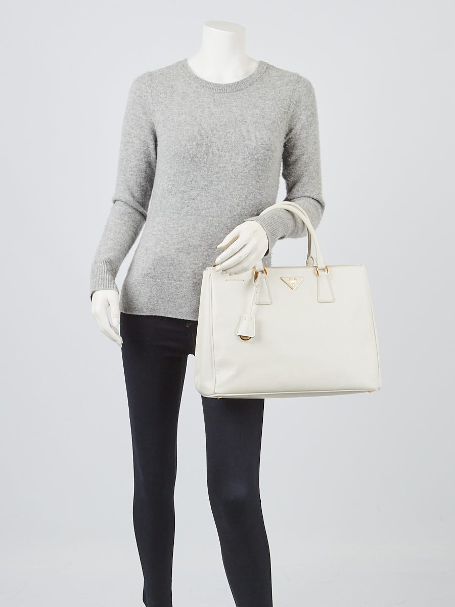Prada White Saffiano Lux Leather Large Double Zip Tote Bag