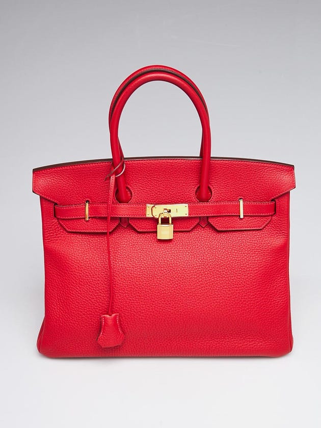 Hermes 35cm Rouge Casaque Clemence Leather Gold Plated Birkin Bag