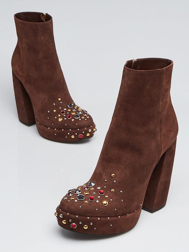 Prada Brown Suede Studded Platform Ankle Boots Size 7/37.5