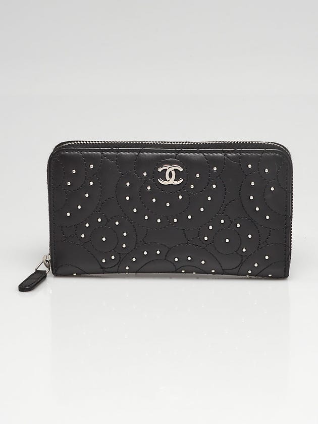 Chanel Black Camellia Embroidered Studded Calfskin Leather Small Zip Wallet