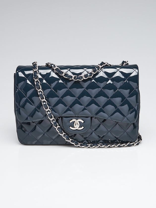 Chanel Dark Blue Quilted Patent Leather Classic Single Jumbo Flap Bag