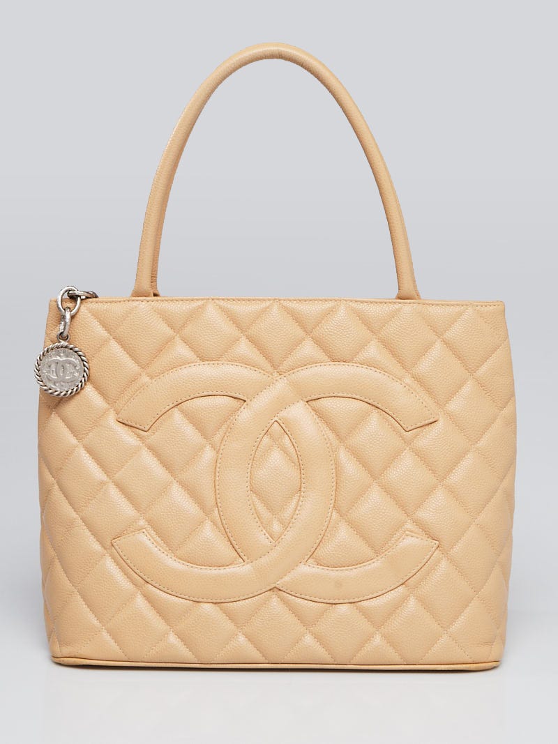 Chanel Beige Quilted Caviar Leather Medallion Tote Bag - Yoogi's