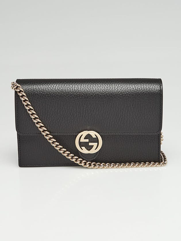Gucci Black Pebbled Leather Interlocking G Wallet on Chain Clutch Bag