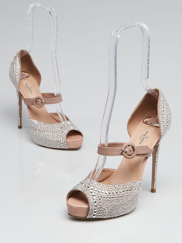 Valentino Silver Strass Crystal and Leather Mary-Jane Peep-Toe Platform Sandals Size 6.5/37