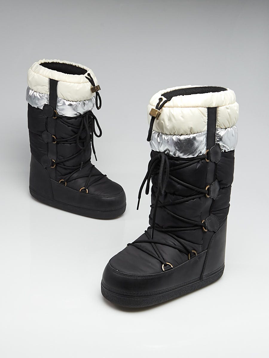 Moncler Black/White/Silver Nylon and Leather Moon Boots Size 38-40/6 -  Yoogi's Closet