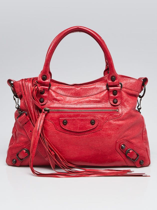 Balenciaga Coquelicot Lambskin Leather Motorcycle Town Bag