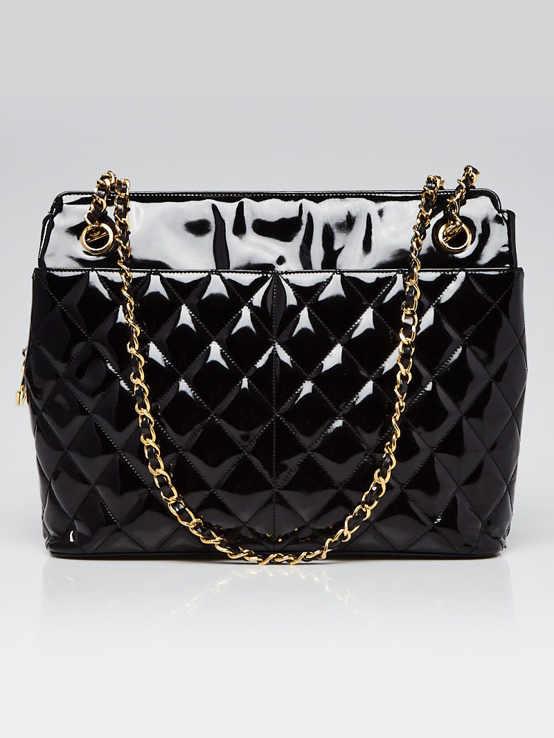 Chanel Black Quilted Patent Leather CC Chain Tote Bag - Yoogi's Closet