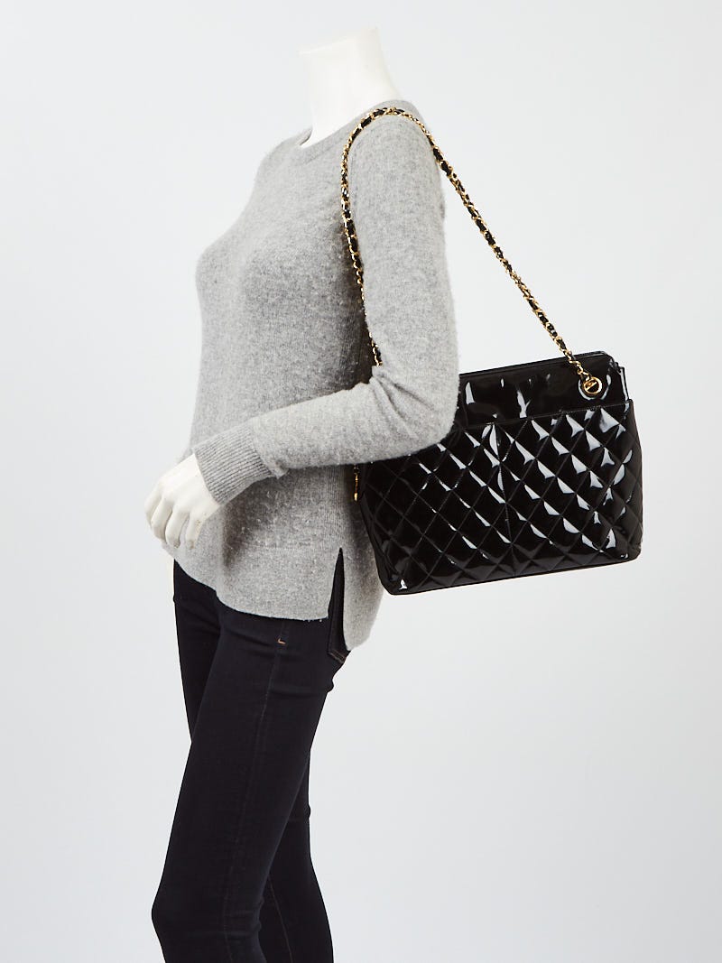 Chanel Black Quilted Patent Leather CC Chain Tote Bag - Yoogi's Closet