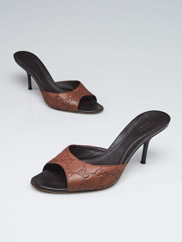 Gucci Brown Embossed Leather Peep-Toe Slide Mule Sandals Size 5.5/36