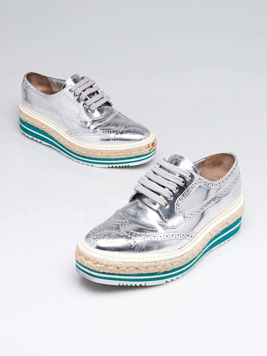 Prada Silver Leather Wingtip Brogue 