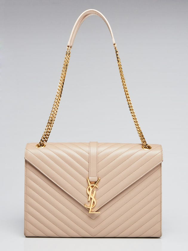 Yves Saint Laurent Beige Chevron Quilted Leather Large Monogram Chain Cassandre Bag