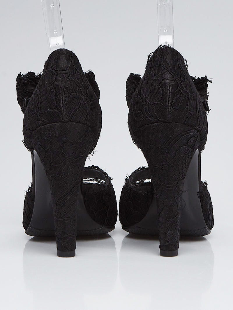 Chanel Black Lace Ankle Wrap Bow CC Pumps Size 9/39.5