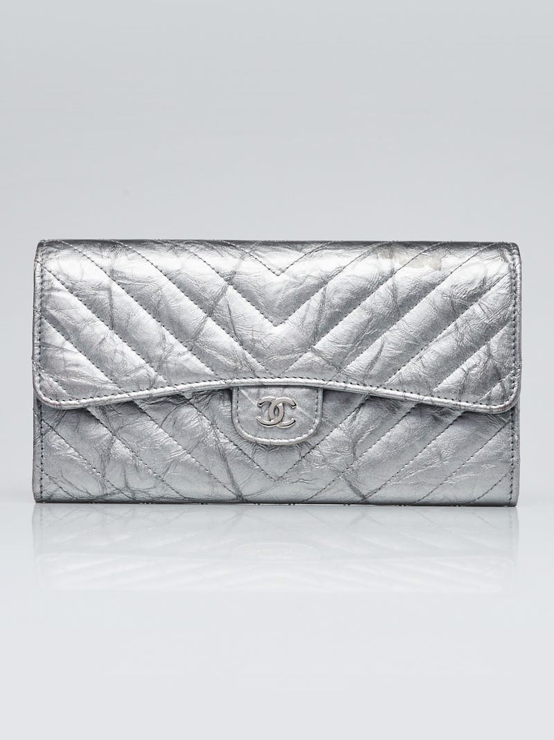 Chanel Silver Chevron Quilted Patent Leather L Gusset Flap Wallet