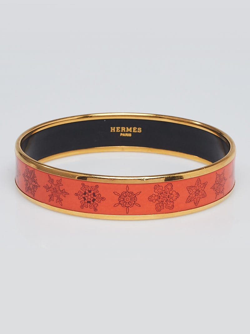 Hermes Orange Enamel Carillons D'Hiver Printed Gold Plated Bangle
