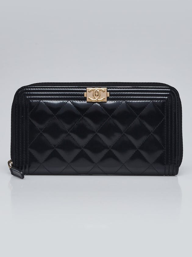 Chanel Black Quilted Patent Leather L Zip Boy Wallet