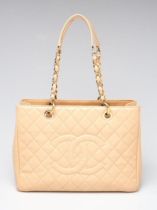 Chanel Beige Quilted Caviar Leather Grand Shopping Tote Bag