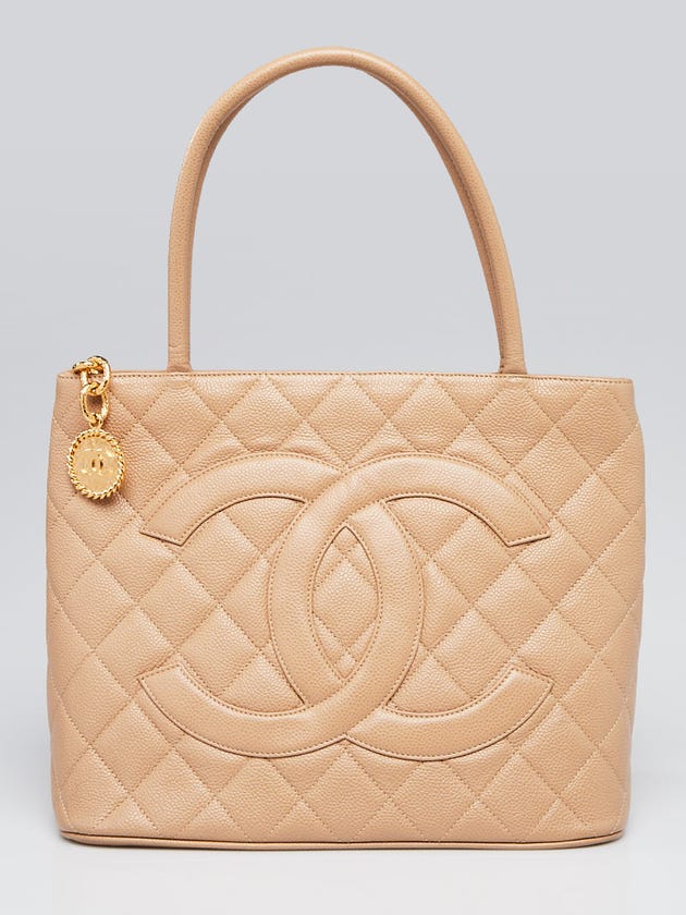 Chanel Beige Quilted Caviar Leather Medallion Tote Bag