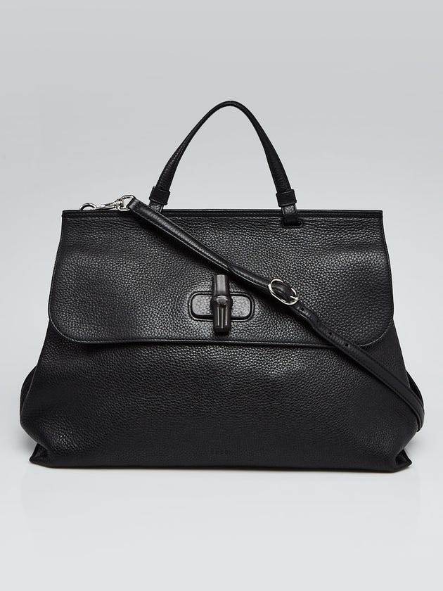 Gucci Black Pebbled Leather Bamboo Daily Top Handle Bag