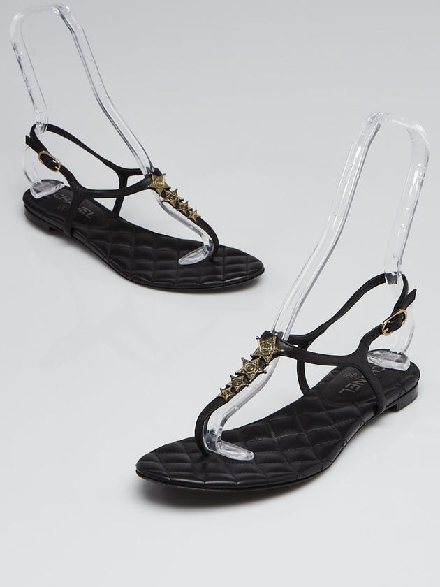 Chanel Black Leather Paris-Dallas Star T-Strap Thong Sandals Size 10.5/41