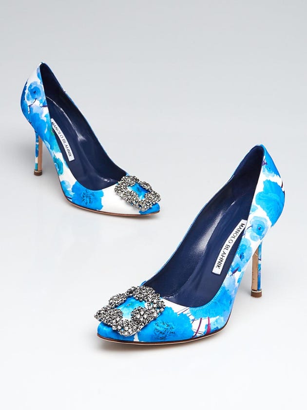 Manolo Blahnik Blue Floral Satin and Crystal Buckle Hangisi Pumps Size 5/35.5