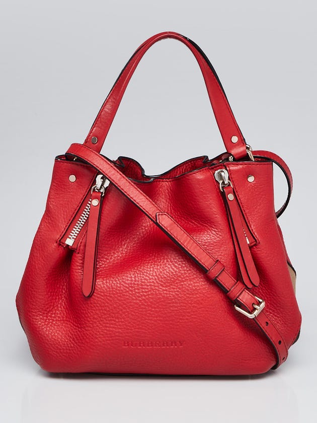 Burberry Red Leather and House Check Canvas Small Brit Maidstone Peek Bag