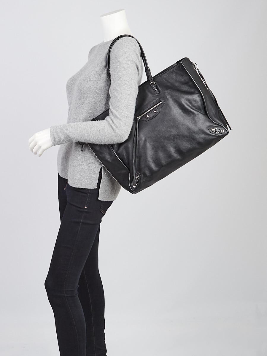 BALENCIAGA Papier Side Zip Black Leather Tote Bag w/Shoulder Strap