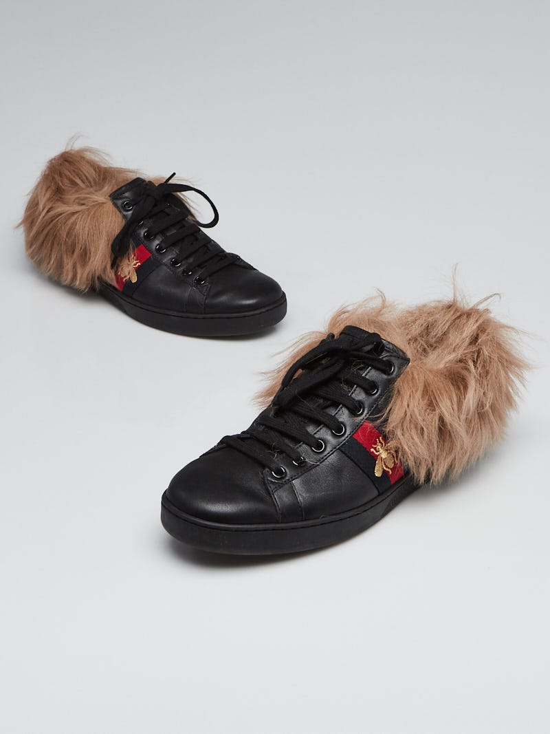 Tidlig Kvæle Fængsling Gucci Black Leather Vintage Web Wool Fur New Ace Sneakers Men's Size  11-11.5 - Yoogi's Closet