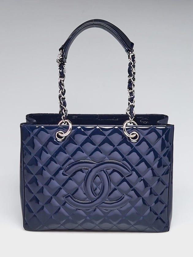Chanel Navy Blue Quilted Patent Leather Grand Shopping Tote Bags