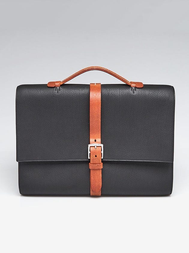 Hermes 38cm Black Fjord Leather Palladium Plated Etriviere Meeting Briefcase Bag