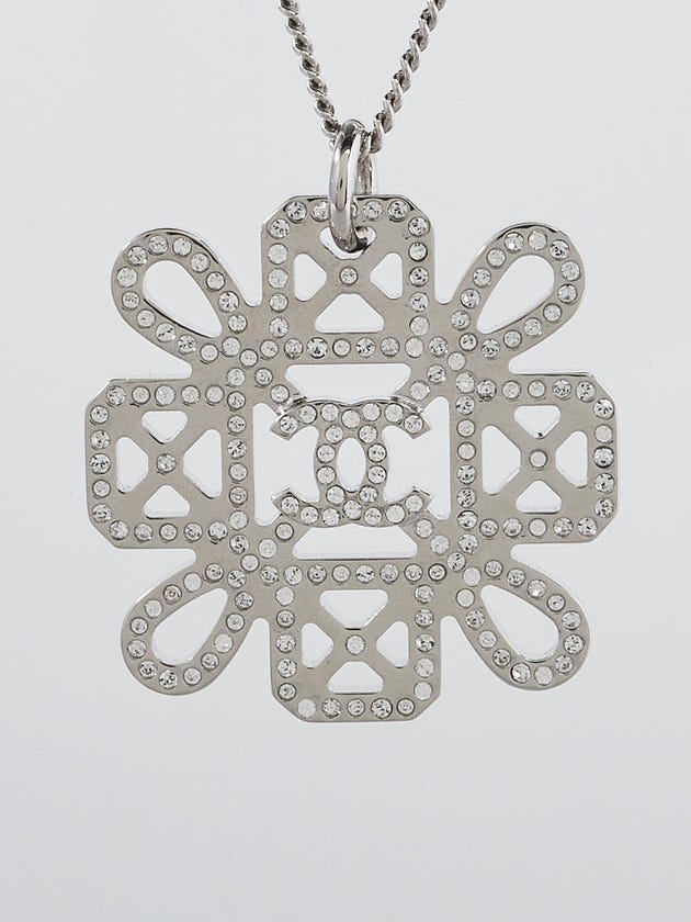 Chanel Silvertone Metal Crystal CC Flower Pendant Necklace