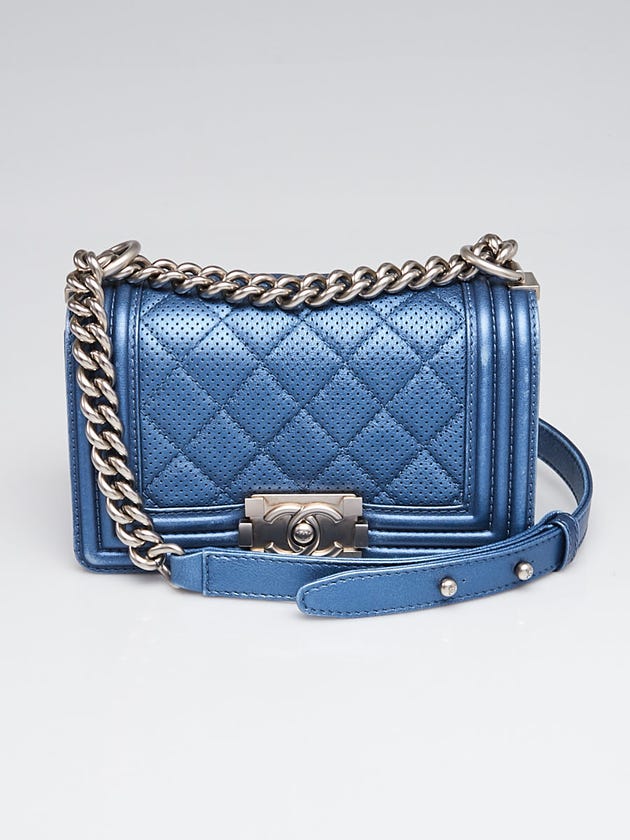 Chanel Metallic Blue Quilted Perforated Leather Small Boy Bag