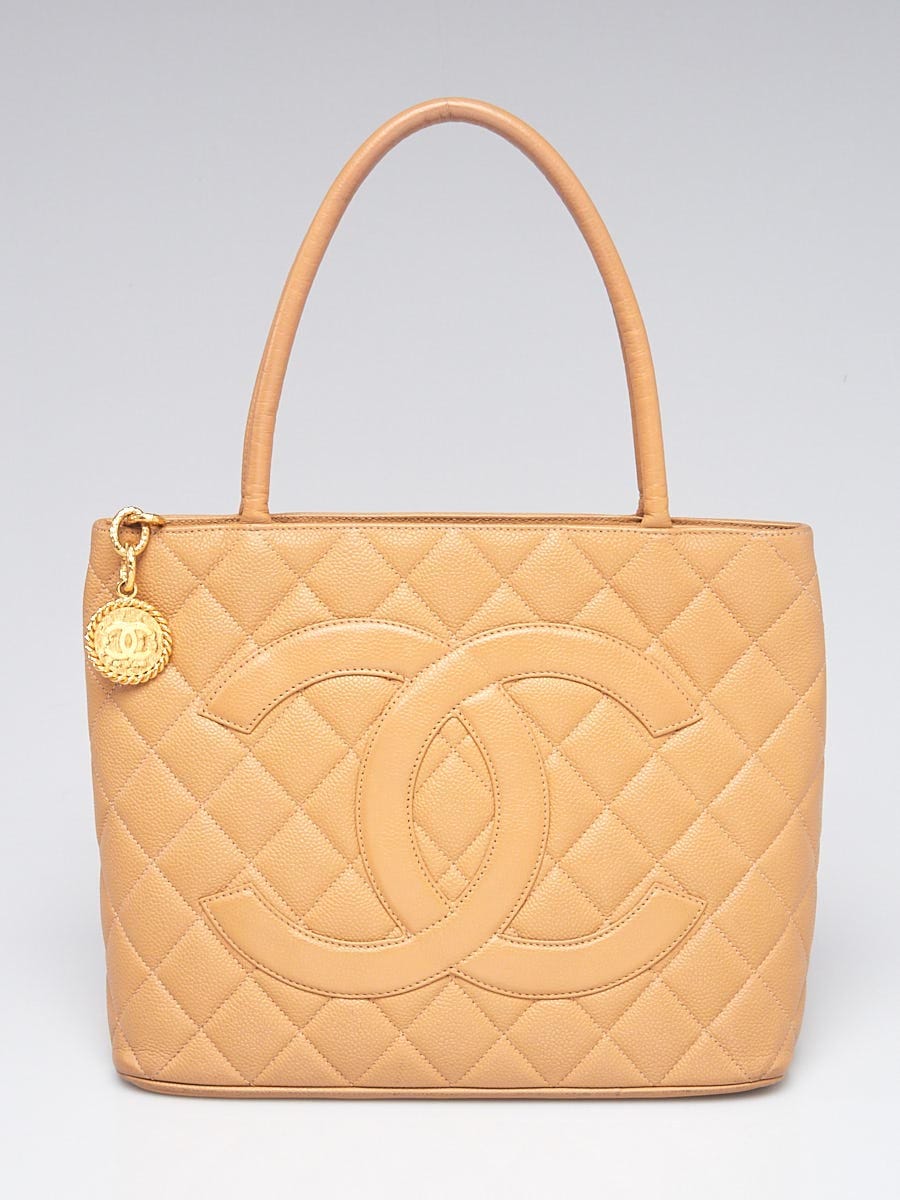 Chanel Beige Quilted Caviar Leather Medallion Tote Bag - Yoogi's