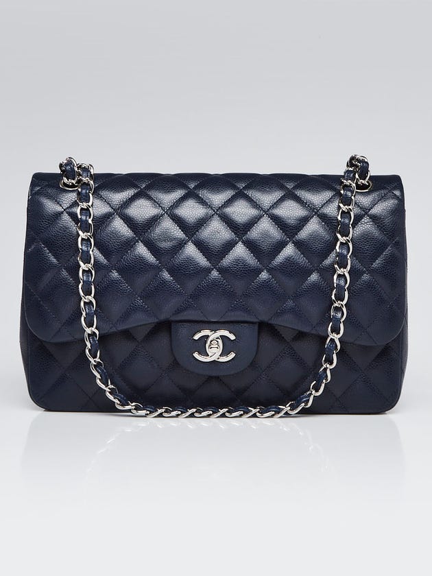 Chanel Navy Blue Quilted Caviar Leather Classic Jumbo Double Flap Bag